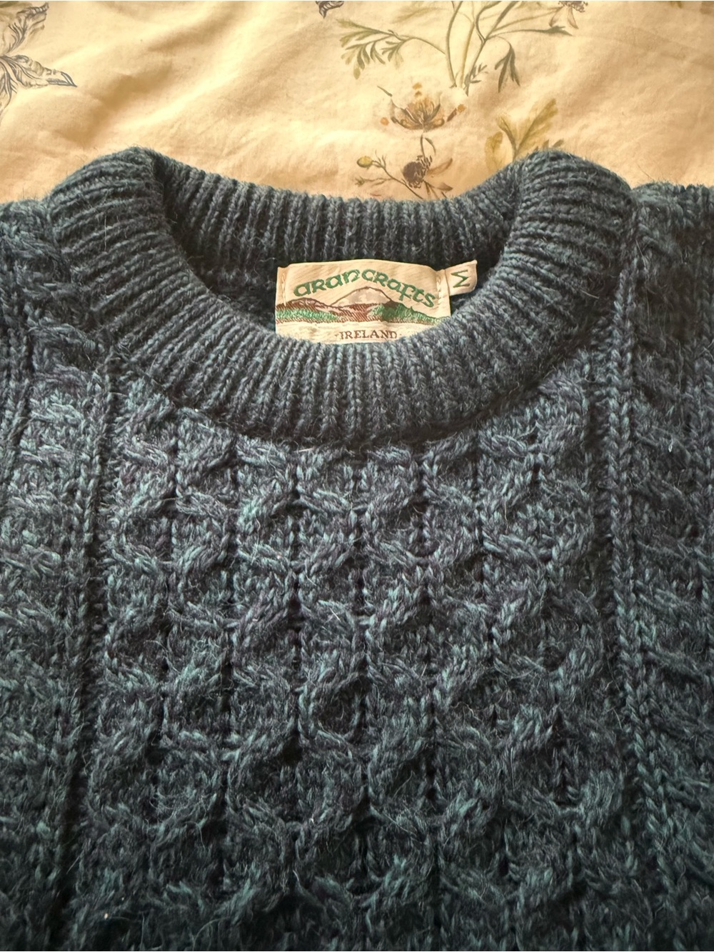 Aran Crafts Women’s Cable Knit Crewneck Sweater - Teal Blue 100% wool